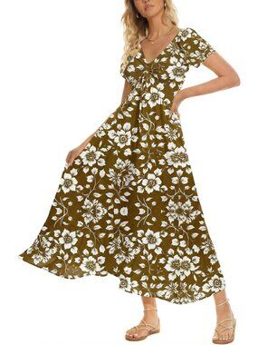 Women's Brown Floral Smocked Maxi Boho Flowy Tiered A-Line Party Long Dress